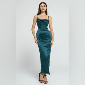 Satin Corset Bodice Teal Maxi Dress Size Sm